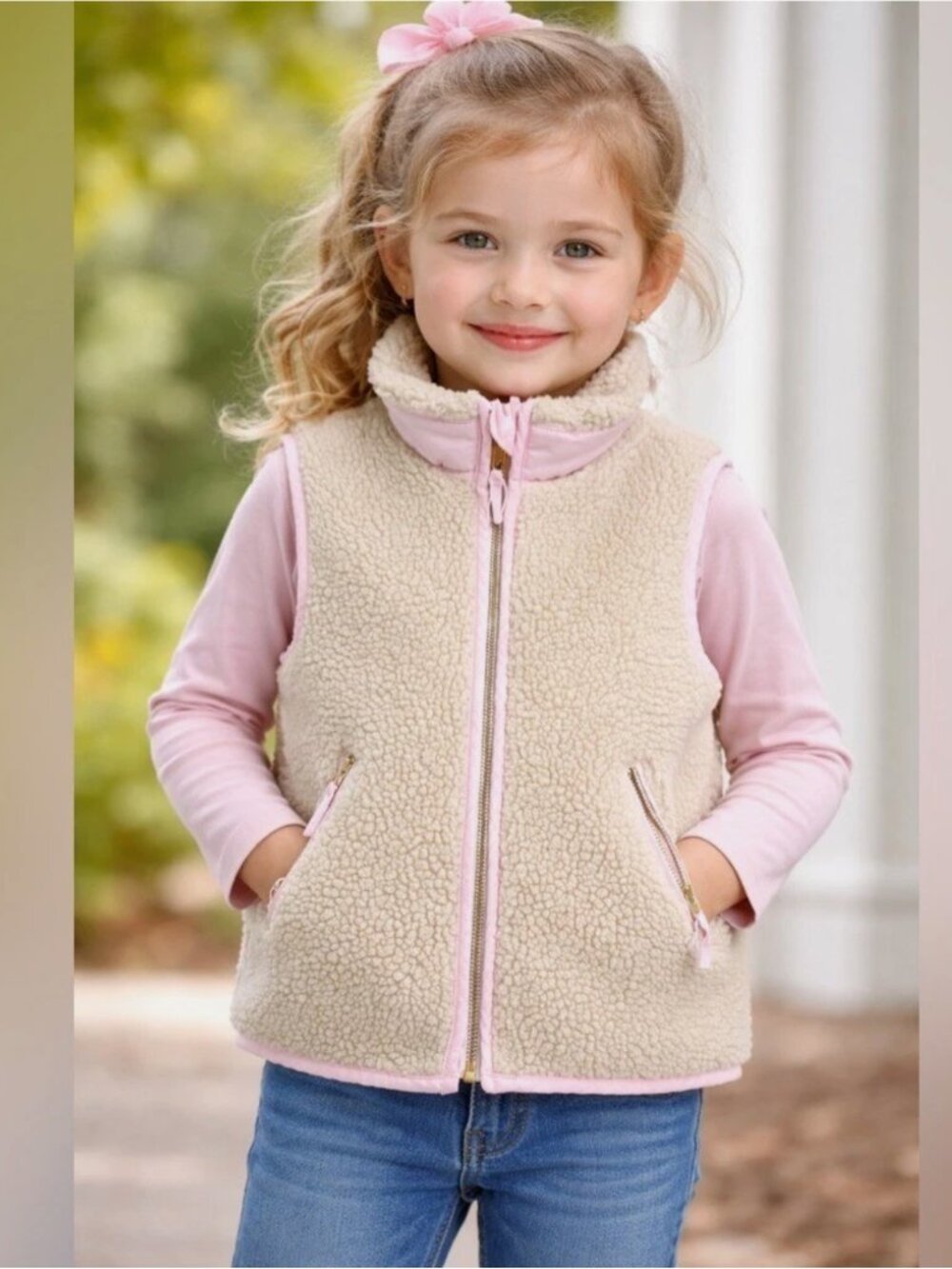 J. Crew Crewcuts Girls 6-7 Teddy Cozy Sherpa Zip-Up Vest Pockets Pink/Beige